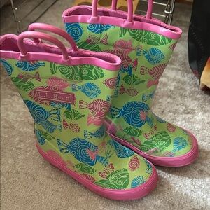 L.L. Bean Kids' Lime Green Fish Print Rain Boots with Pink Trim